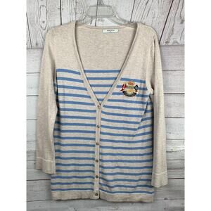 Beanpole 100 Sweater Womens Small oatmeal/light blue striped crest‎ embroidered